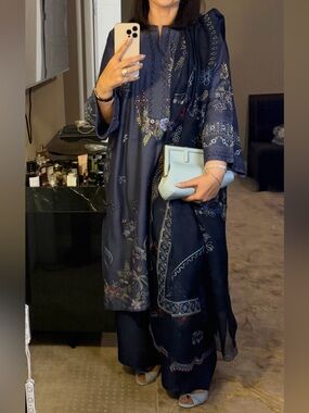 Navy Floral Embroidered Long Kaftan